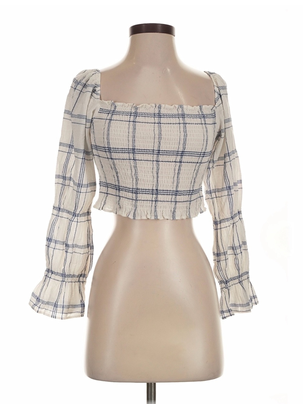 Smocked Square-Neck Plaid Crop Top - Cream & Blue